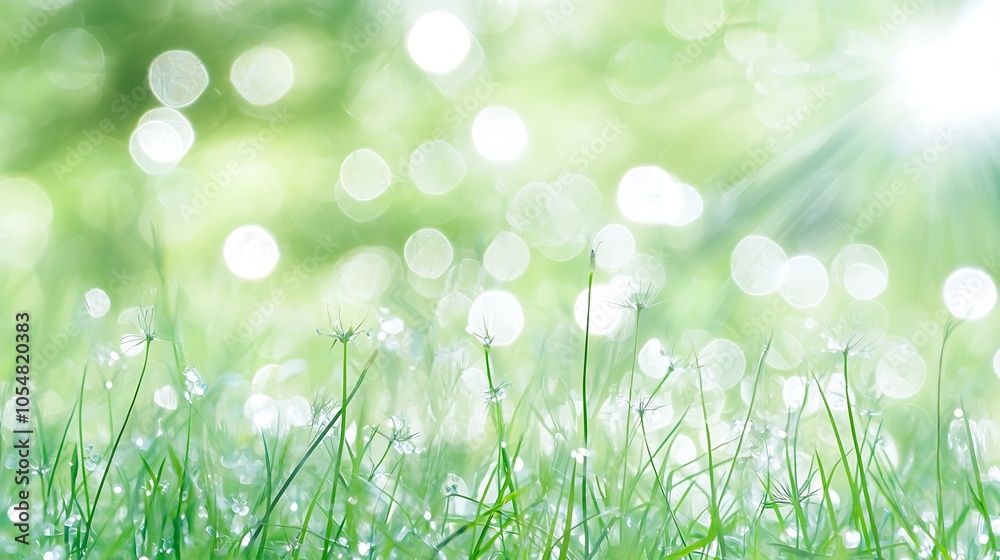 Poster bright green grass with dew in a sunlit spring garden capturing nature harmony : generative ai