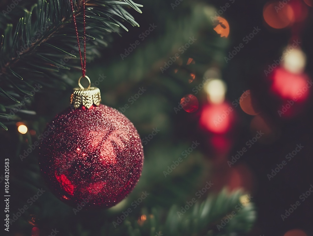 Poster closeup of sparkling red christmas bauble on a lush green pine tree branch : generative ai