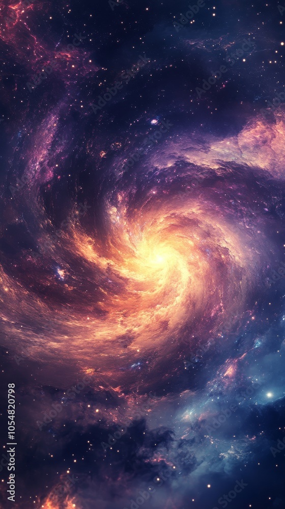 Poster spiral galaxy with glowing center in deep space, cosmic swirl. astronomy and universe exploration co