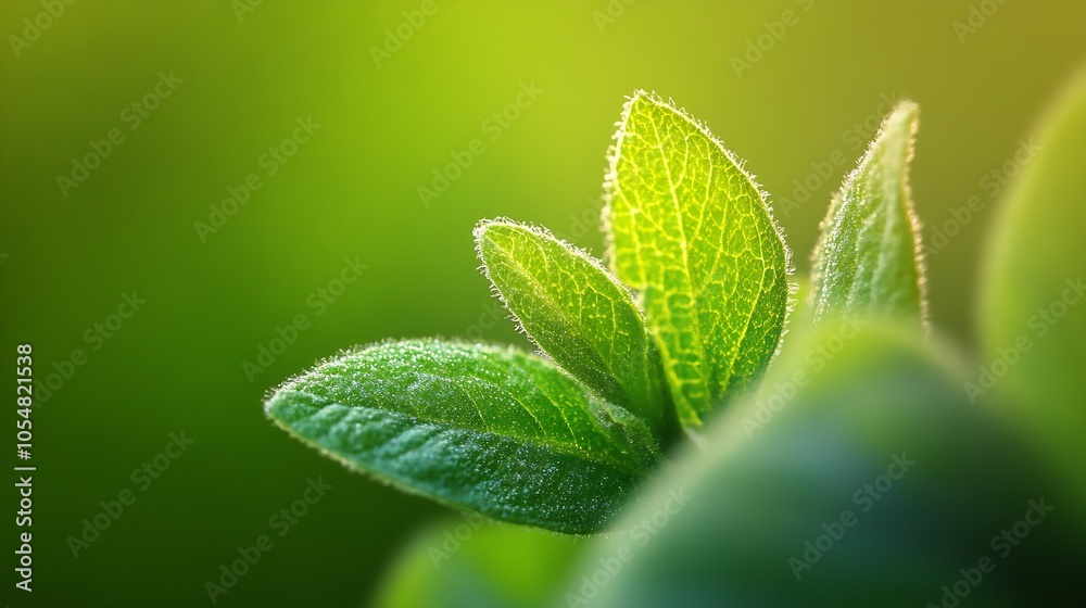 Aufkleber fresh green leaves in soft focus with gentle sunlight backdrop : generative ai