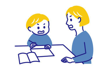 a boy studying with his mother