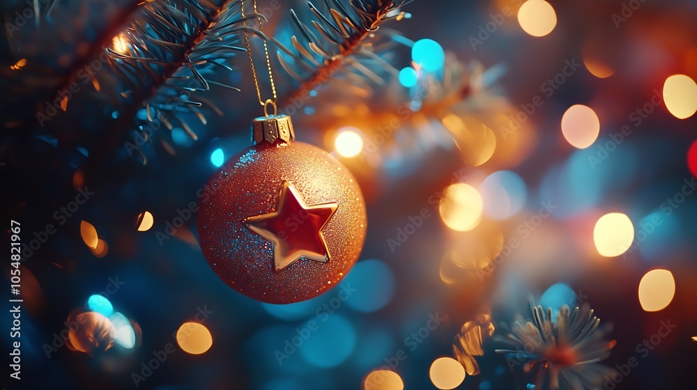 Aufkleber festive christmas star ornament on illuminated tree with cozy bokeh effect : generative ai