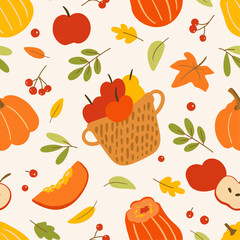 Cozy Autumn  seamless pattern with leaves, pumpkin, berry, apples on the white background, can be used as cover, fabric, textile, packaging, clothing, paper, wallpaper, vector
