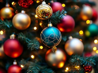 Fototapeta premium Colorful Christmas Tree with Assorted Ornaments and Warm Twinkling Holiday Lights : Generative AI