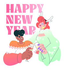Happy New Year lettering text and New Year's eve party