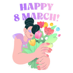 Text Happy 8 March above young woman with flowers