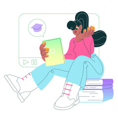 Girl sitting on a book pile and studying online