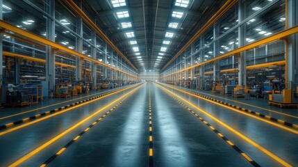 Fototapeta premium Spacious industrial warehouse with illuminated pathways and shelving.