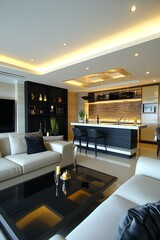 Contemporary Open Living Room Kitchen Blend with Stylish Modern Furniture and Natural Lighting : Generative AI