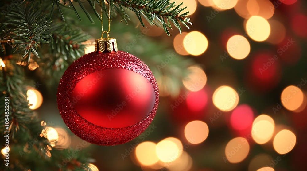 Poster festive red christmas ornament hanging on evergreen tree with glowing bokeh background : generative 