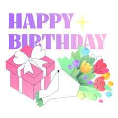 Happy birthday text with а gift and a bouquet of flowers