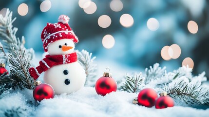 Festive Snowman in Winter Wonderland with Red Baubles and Snowy Background : Generative AI