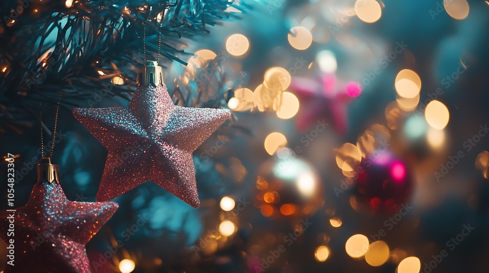 Poster cozy christmas tree with stars and baubles against a bokeh background : generative ai