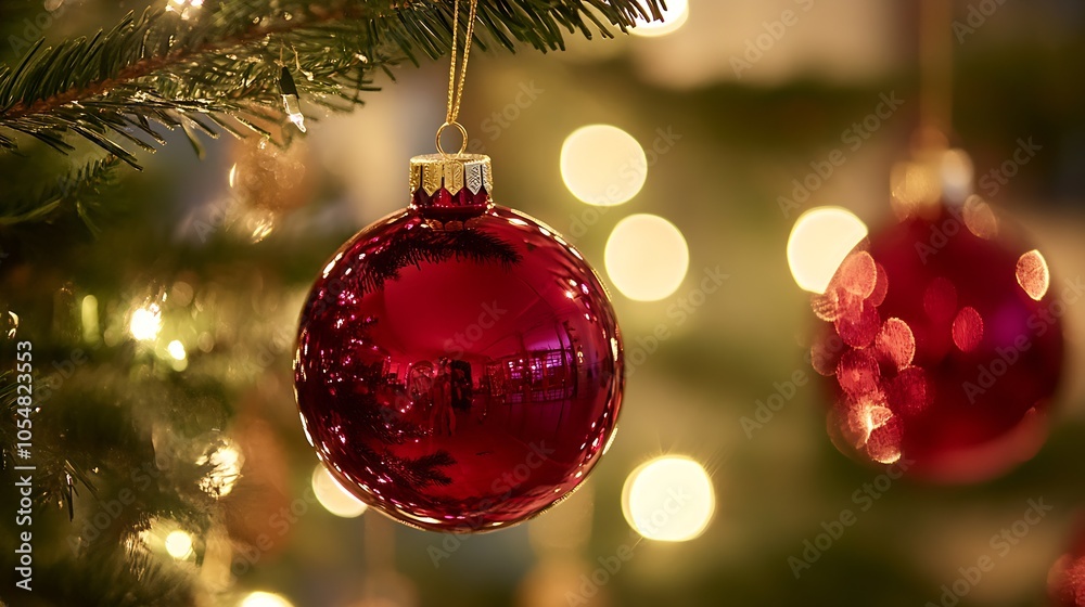 Aufkleber vivid red christmas ornament hanging with soft bokeh on evergreen tree : generative ai