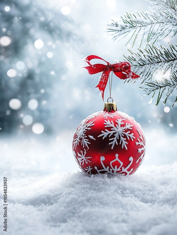 Poster red christmas ornament with snowflake design hanging on snow covered evergreen branch : generative a
