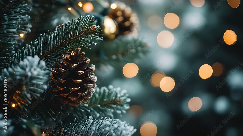 Poster closeup of pinecone on snowy pine tree with bokeh lights in winter holiday scene : generative ai