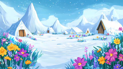 Naklejka premium Cartoon cute doodles of a peaceful arctic village celebrating the arrival of spring, with colorful flowers blooming amid the melting snow, generative ai. Inuit Ice Village. Illustration