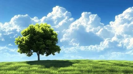 Solitary Tree Under Expansive Blue Sky and Puffy Clouds in Idyllic Pastoral Countryside Scene : Generative AI