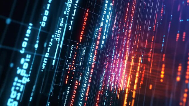 Digital data streams flow down the screen in a vibrant display of blue and red