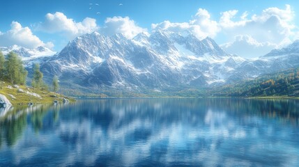 Fototapeta premium Serene mountain landscape with a tranquil lake and reflections.