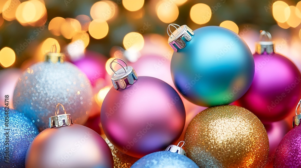 Aufkleber Vibrant Array of Multicolored Christmas Ornaments with Golden Fairy Lights in the Background : Generative AI