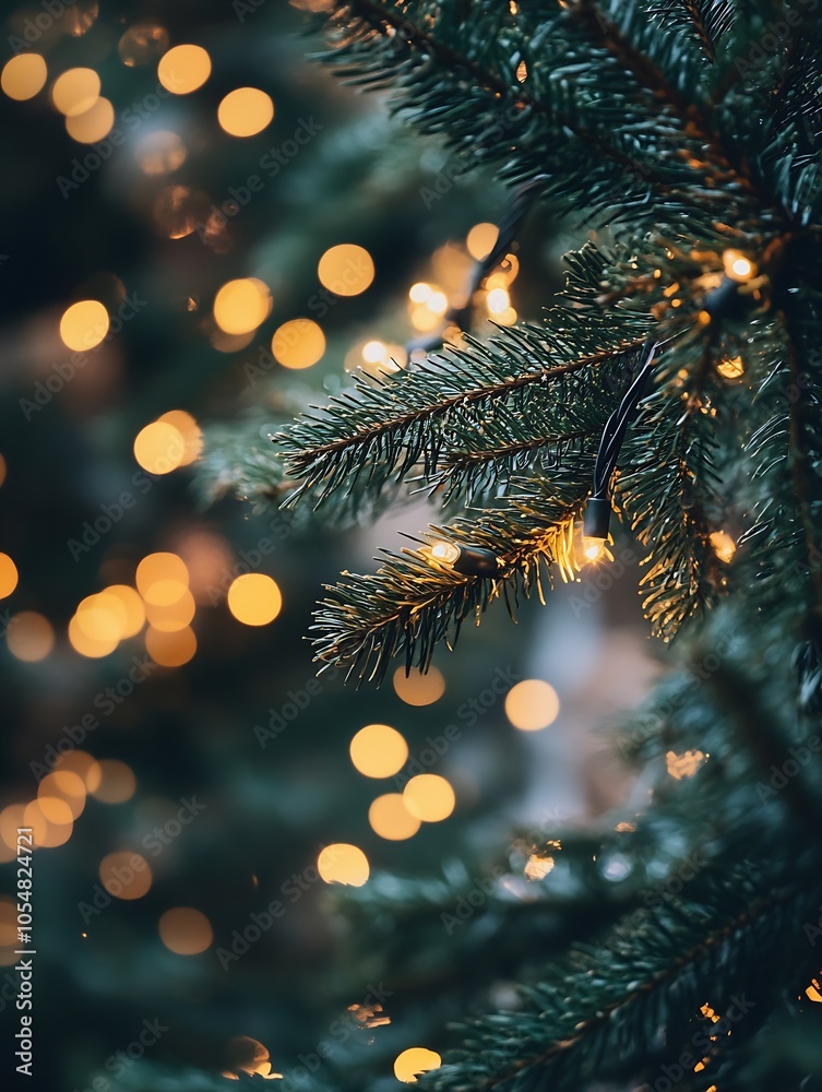 Fototapete Serene Christmas Tree Branch with Warm Festive Lights in Bokeh Background : Generative AI