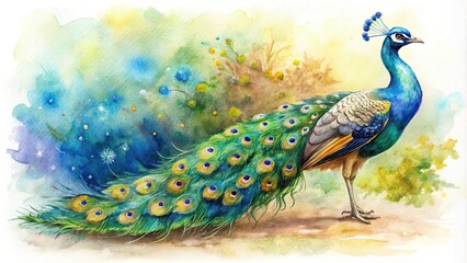 Obraz premium Watercolor style peacock illustrations in various habitats