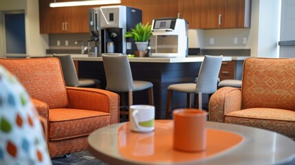 In the break room employees can enjoy a cozy seating area and coffee machine for a quick recharge.