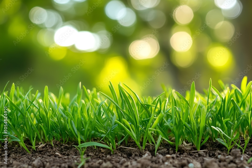 Poster vibrant green grass blades on soil with sunlit bokeh background for nature themes : generative ai
