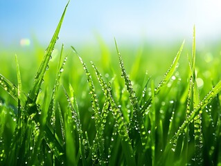 Obraz premium Green Grass with Dewdrops Illuminated by Soft Morning Light Outdoors : Generative AI