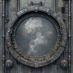 Obraz premium A round, metallic door with a window showing a cloudy sky.