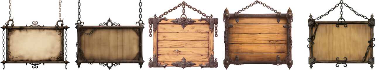A blank sign on chains, hanging from the top left corner of an iron frame, with wooden edges and dark metal accents. The background is a transparent white. 