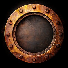 Naklejka premium A round, rusty metal plate with bolts and rivets around the edge, against a black background.