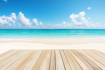 Fototapeta premium Scenic Tropical Beach with Azure Waters and Wooden Deck Under a Clear Sunny Sky : Generative AI