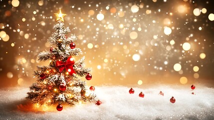Illuminated Christmas Tree in Snowy Wonderland with Magic Bokeh Lights : Generative AI
