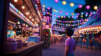 Fototapeta premium Young girl looking at amusement park. Illustration background for presentation 