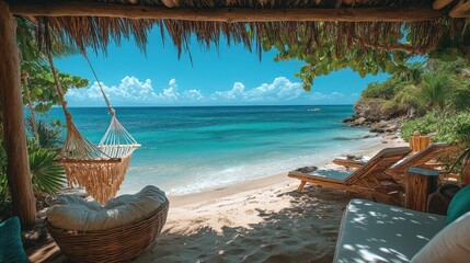 Fototapeta premium Serene beach view with hammock and lounge chairs.