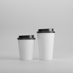 Two floating white coffee cups against a plain gray background depicting a minimalist design and showcasing size comparison