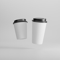 Two floating white coffee cups against a plain gray background depicting a minimalist design and showcasing size comparison