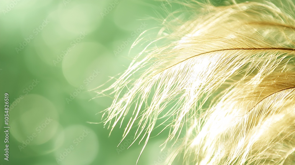 Aufkleber Delicate Golden Feather on Soft Green Bokeh Background Sparkling in Sunlight : Generative AI