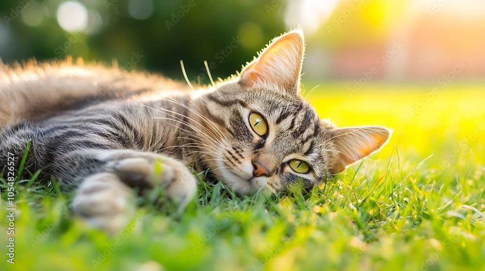 Poster relaxed tabby cat lying on green grass in sunlit garden with soft lighting : generative ai
