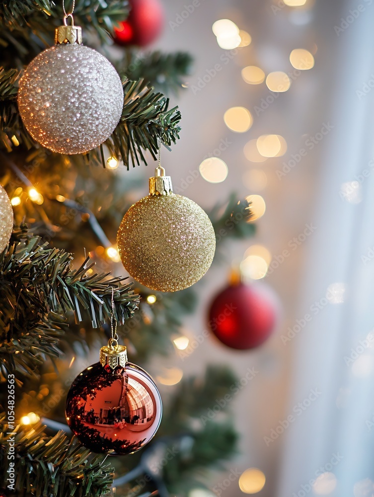Poster shimmering assorted christmas baubles on holiday tree with soft glowing fairy lights : generative ai