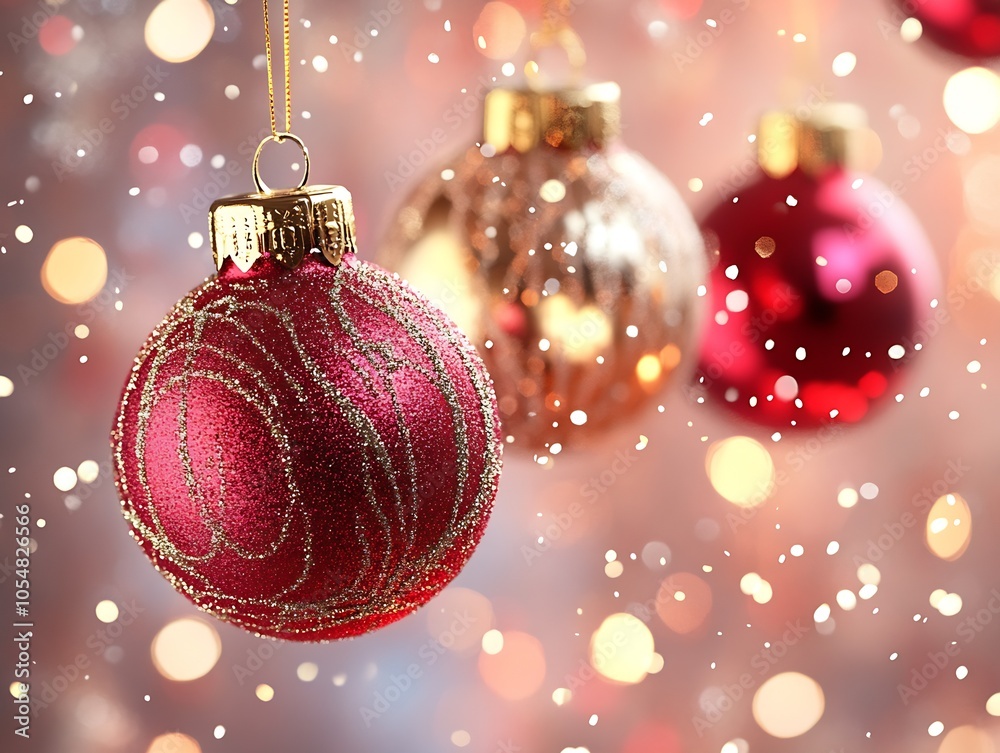 Poster elegant christmas ornaments with snowfall and warm twinkling lights : generative ai