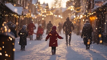 Charming Christmas Market Stroll with Families and Children in Snowfall : Generative AI