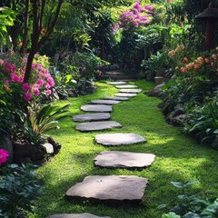 Obraz premium Garden with stepping stone pathway