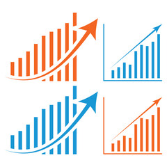 Business growing graph icons, growth success chart with arrow, profit growing symbol, progress bar symbol