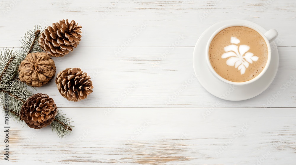 Poster rustic autumn coffee with pine cones on white wooden plank background : generative ai
