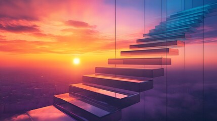 sleek, minimalist glass staircase rises above a modern cityscape, each step reflecting the warm colors of a setting sun