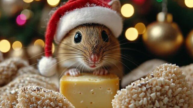 A festive little mouse wearing a Santa hat enjoys cheese amidst holiday decorations and warm lights