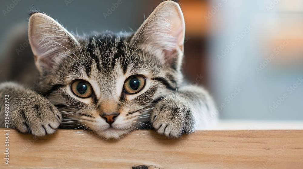 Poster playful tabby kitten peeking over edge indoors in warm cozy room setting : generative ai